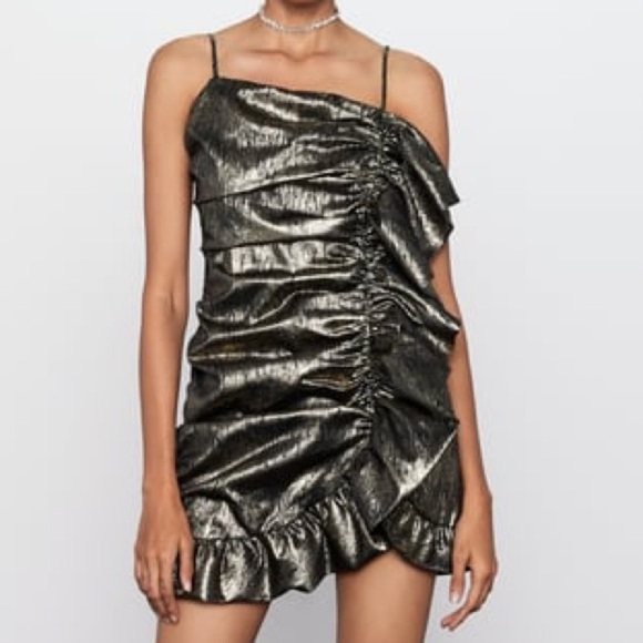 Zara Gold Metallic Mini Dress with Ruffle Size Medium NWT Homecoming Formal - Picture 2 of 9
